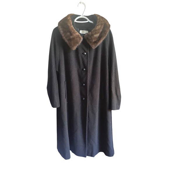 Vintage Black Cashmere Overcoat  With Fur Collar 60s L - Picture 1 of 12